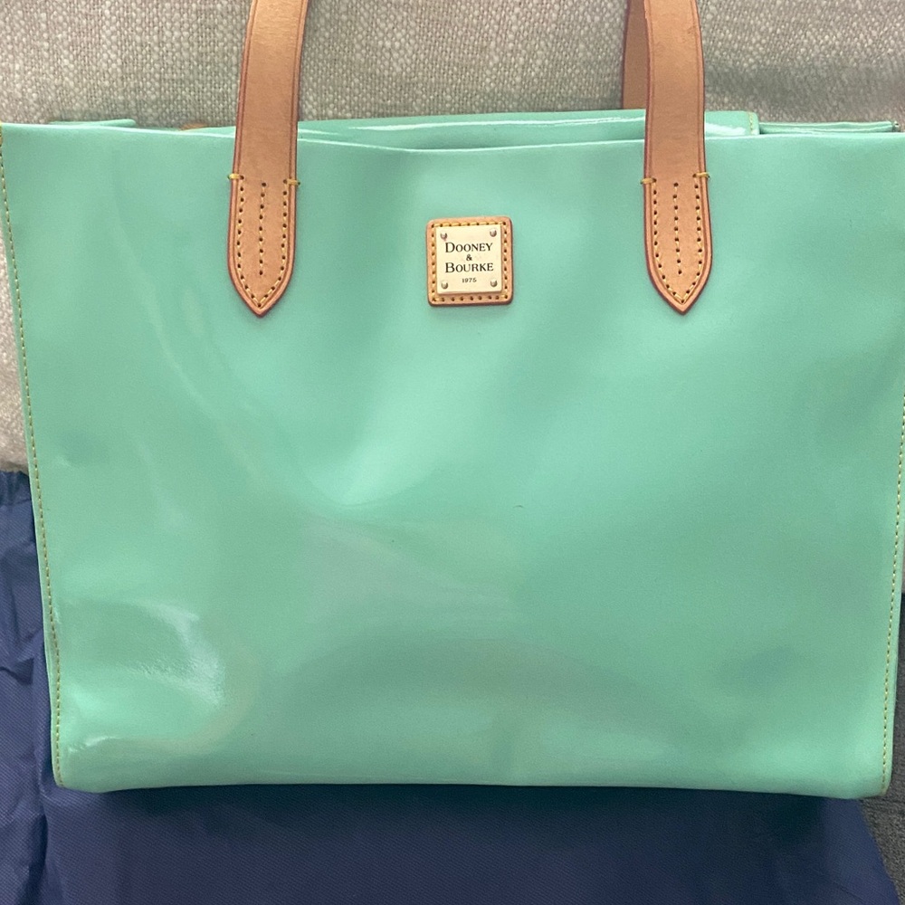 Dooney & Bourke Aqua Patent Leather Tote with Tan Straps - Picture 2 of 13